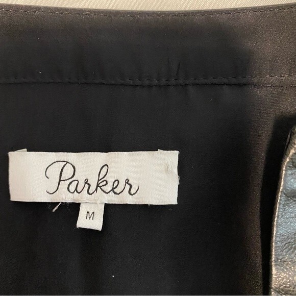 PARKER Leather Silk Top L Sleeve V Neck Abstract Floral White Black Print M - Picture 9 of 13